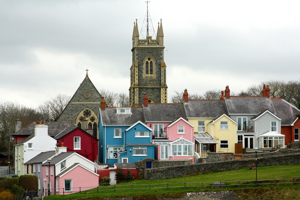 Colourful terraced houses and church tower in Aberaeron